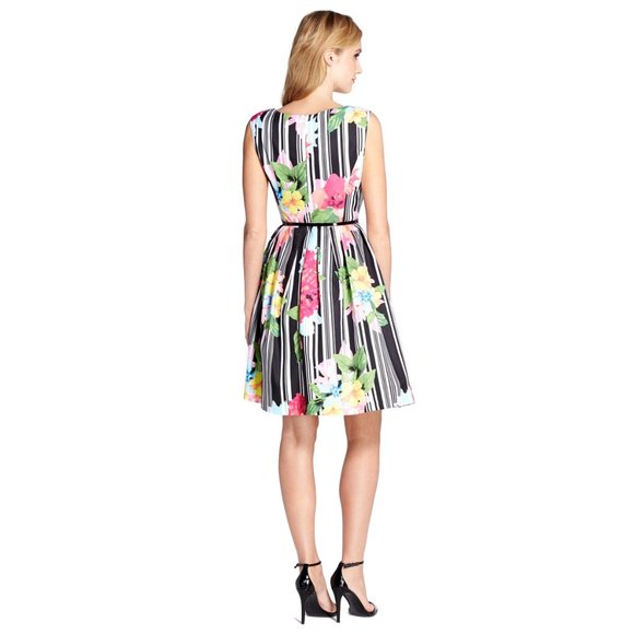 ELLEN TRACY 2 XS Floral Dress Stripe Fit Flare Keyhole Midi 50s Retro 4 S 1950s - Picture 5 of 14